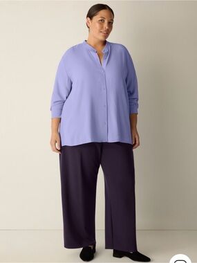 Eileen Fisher 100% Silks Mandarin Collar Flowy Button Up Blouse Size Large